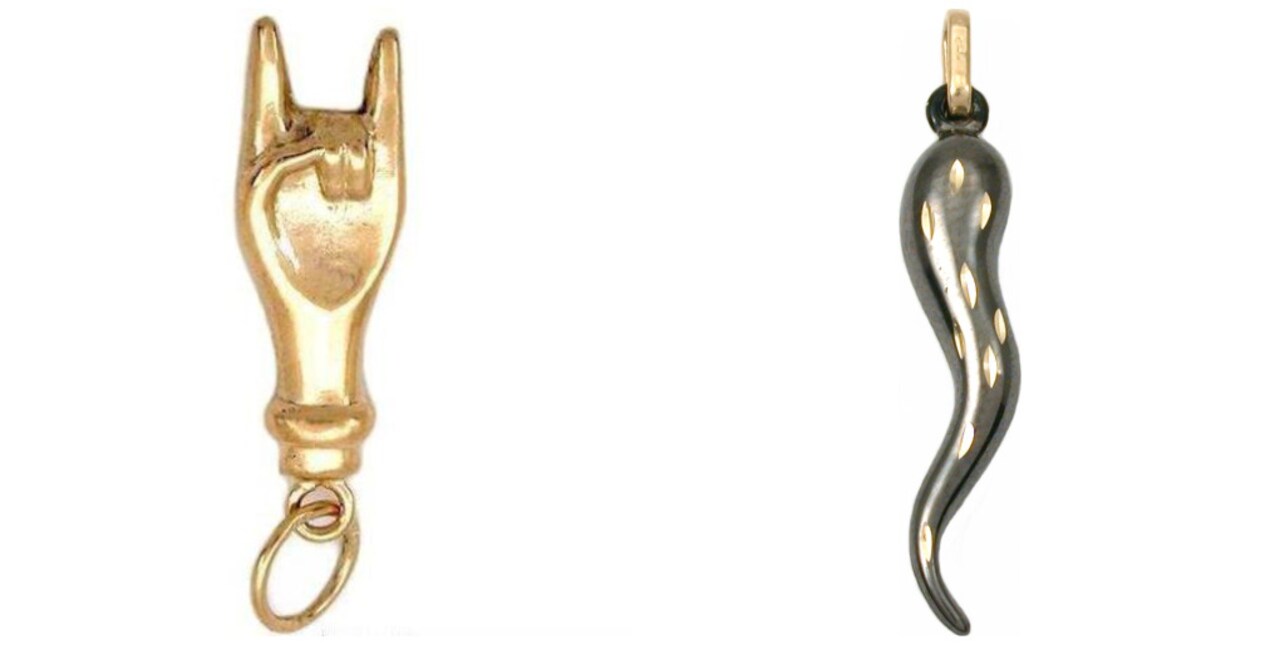 14K Gold Italian Hand Sign Charm 18mm & Black Rhodium 14K Yellow Gold Italian Horn Charm
